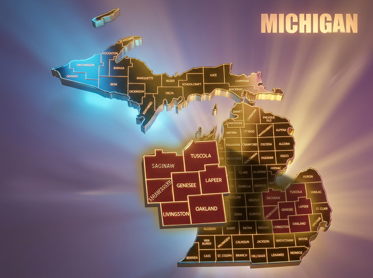 Map of 7 Mid-Michigan counties served by Joyce England REALTOR® — Genesee, Oakland, Livingston, Shiawassee, Saginaw, Lapeer and Tuscola