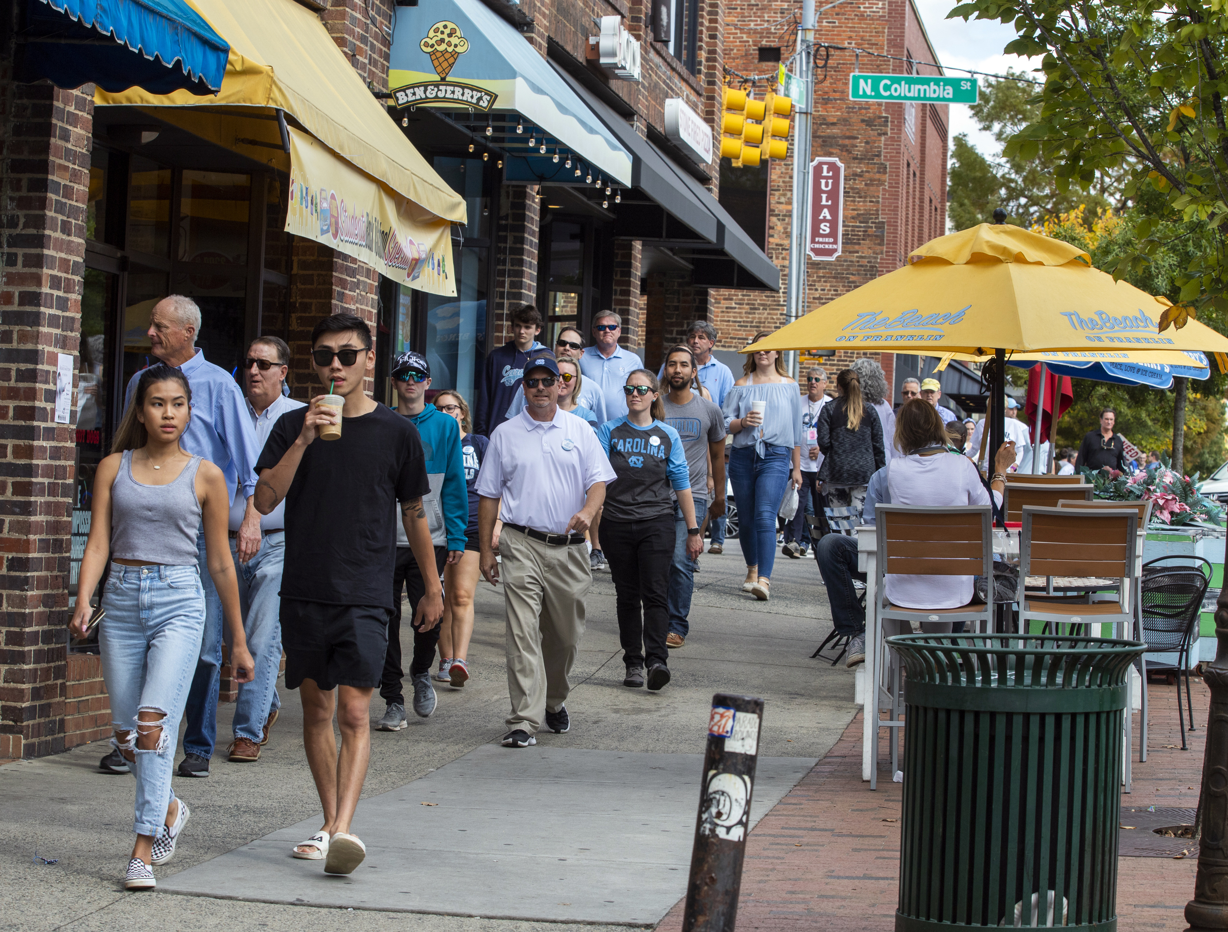 People walking and dining along Franklin Street downtown Chapel Hill NC