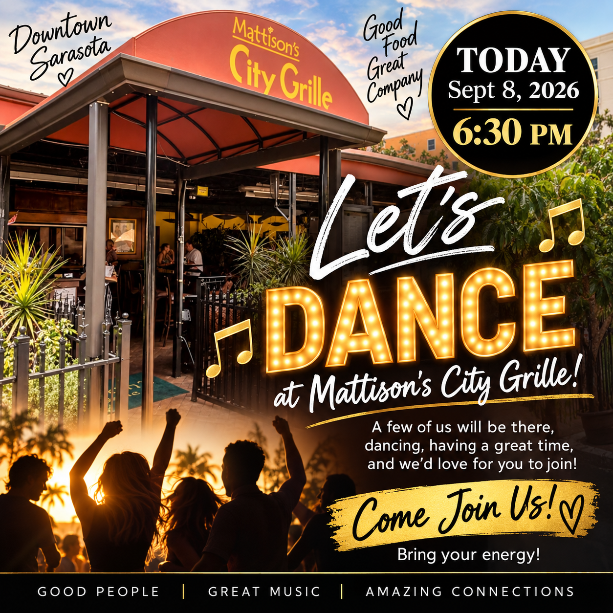 Invitation graphic for Kim Donahue's evening gathering at Mattison's City Grille in Downtown Sarasota