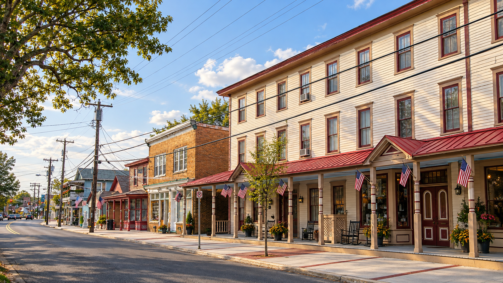 Historic Main Street storefronts in Mays Landing, New Jersey at golden hour