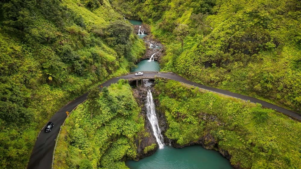 Scenic Road to Hana winding through lush tropical rainforest along the Maui coastline