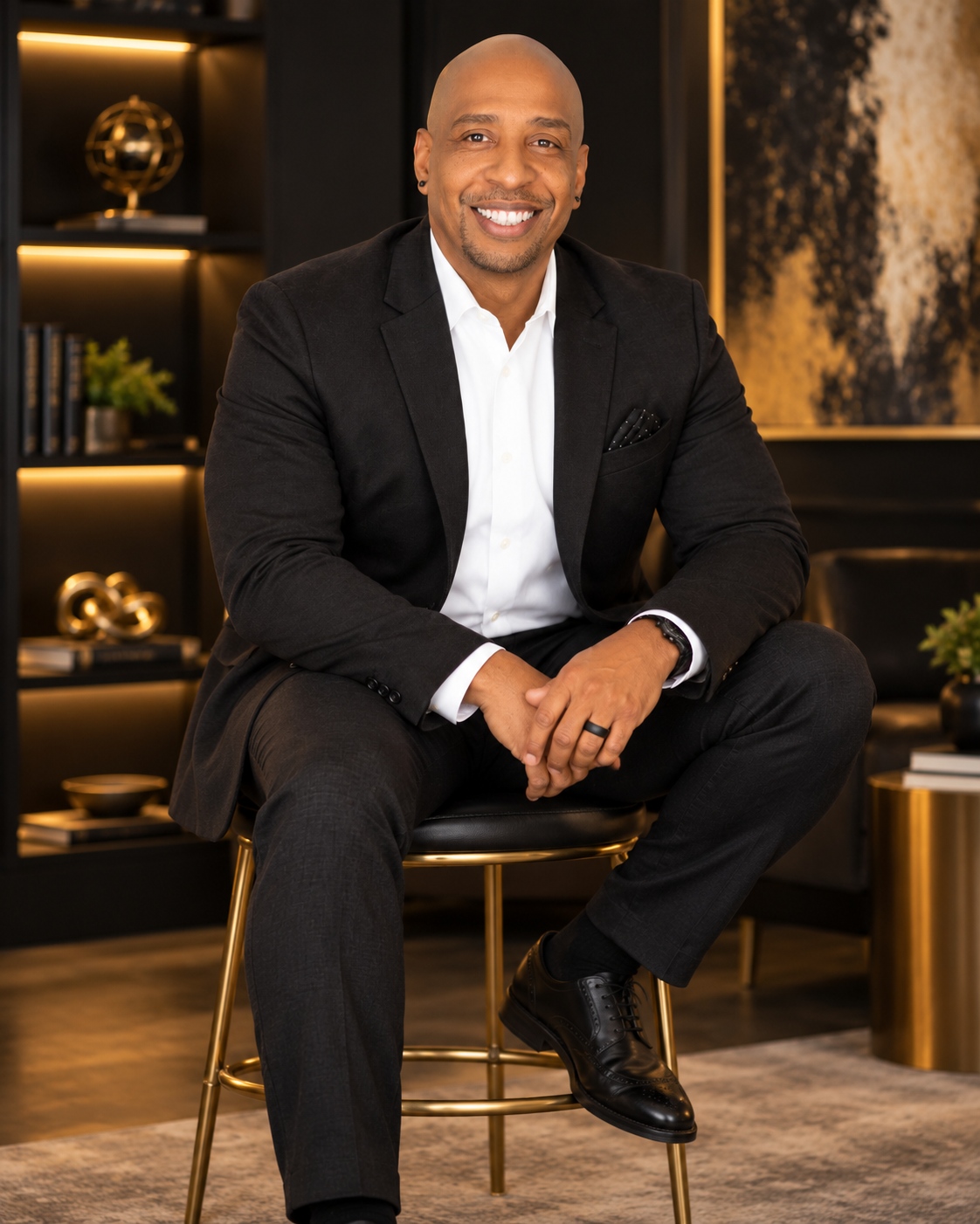 Rob Cole seated on a stool in a relaxed, confident pose, professional portrait