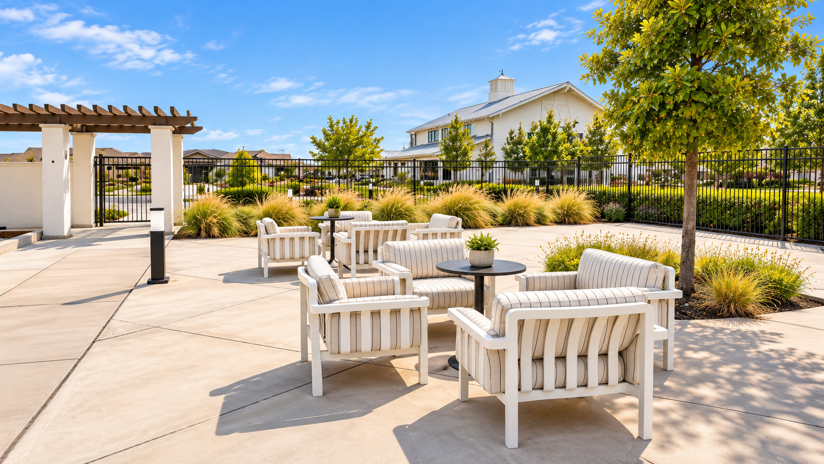 Outdoor lounge seating near the clubhouse at Club Liberty, Summit at Liberty, Rio Vista