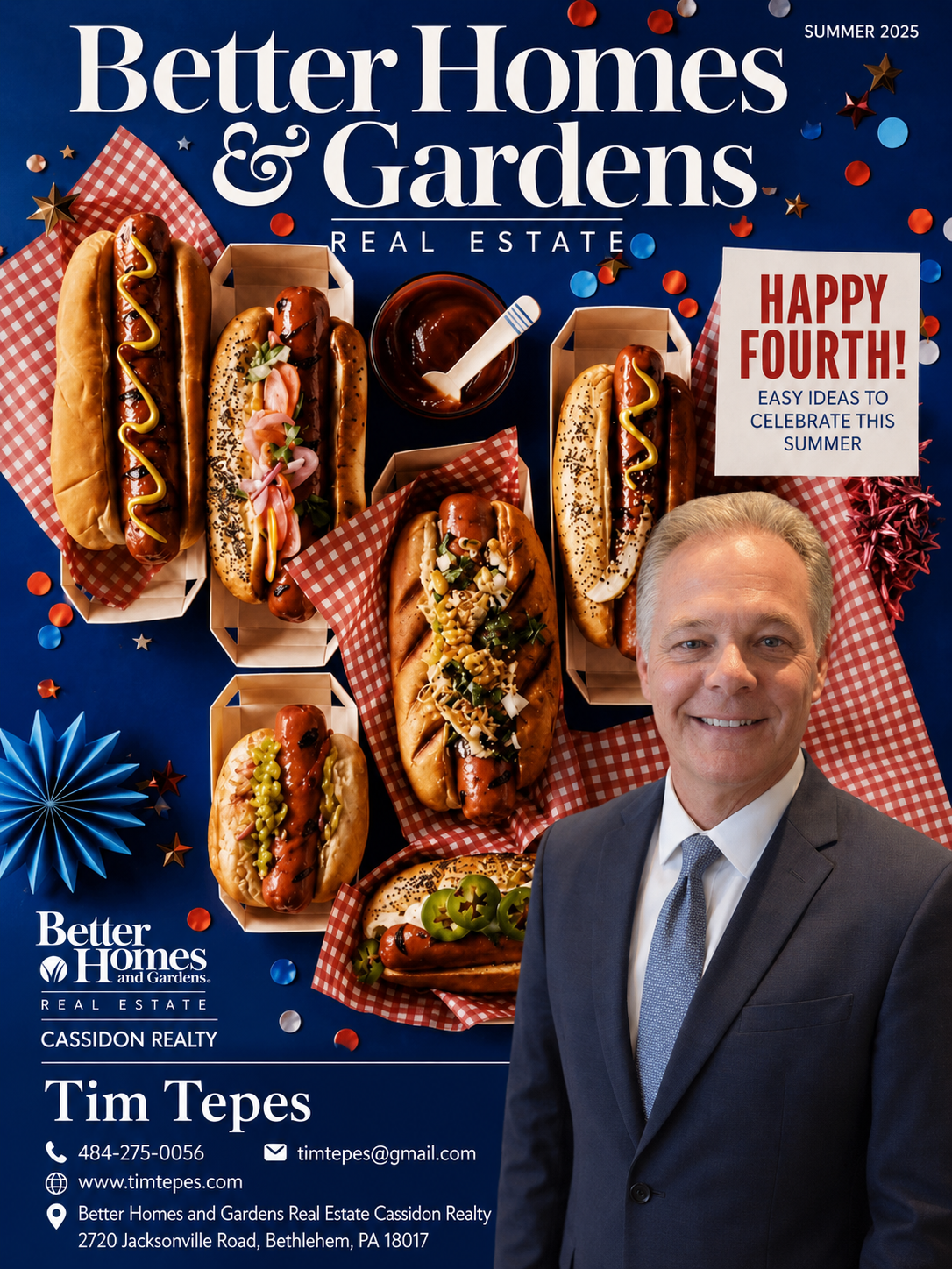 BH&G magazine cover featuring gourmet hot dogs and patriotic Fourth of July theme