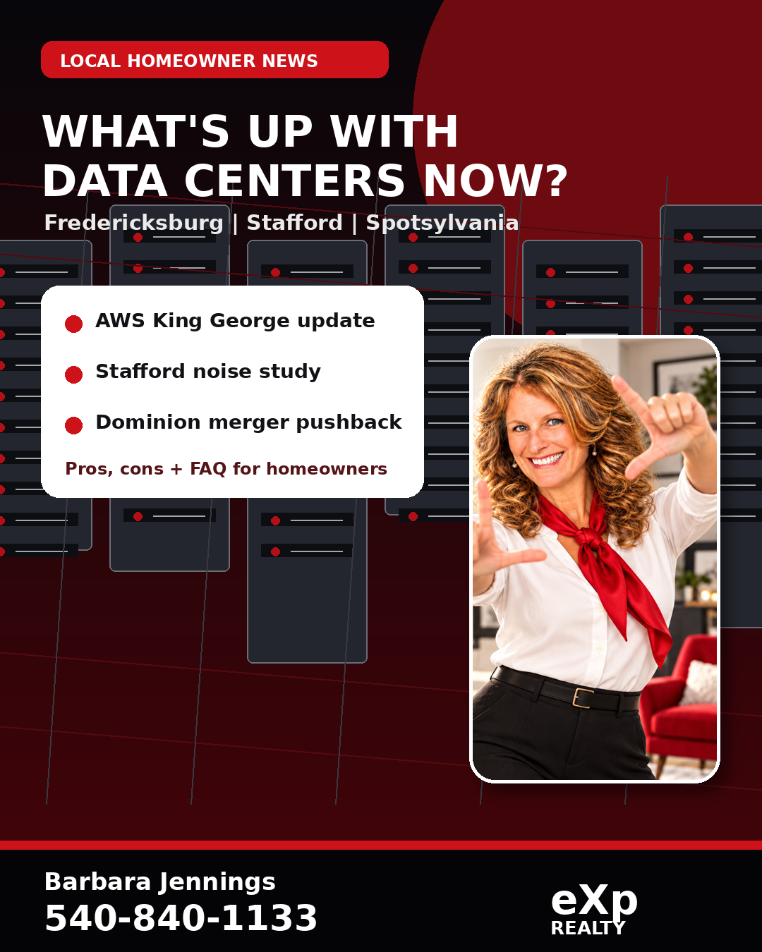 Barbara Jennings data center news graphic for homeowners across Fredericksburg, Stafford, and Spotsylvania, Virginia