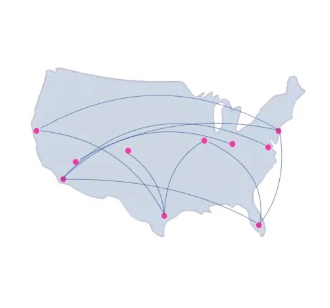 Clean minimalist US map showing airline base locations connected by blue curved route lines, with pink dots marking each hub