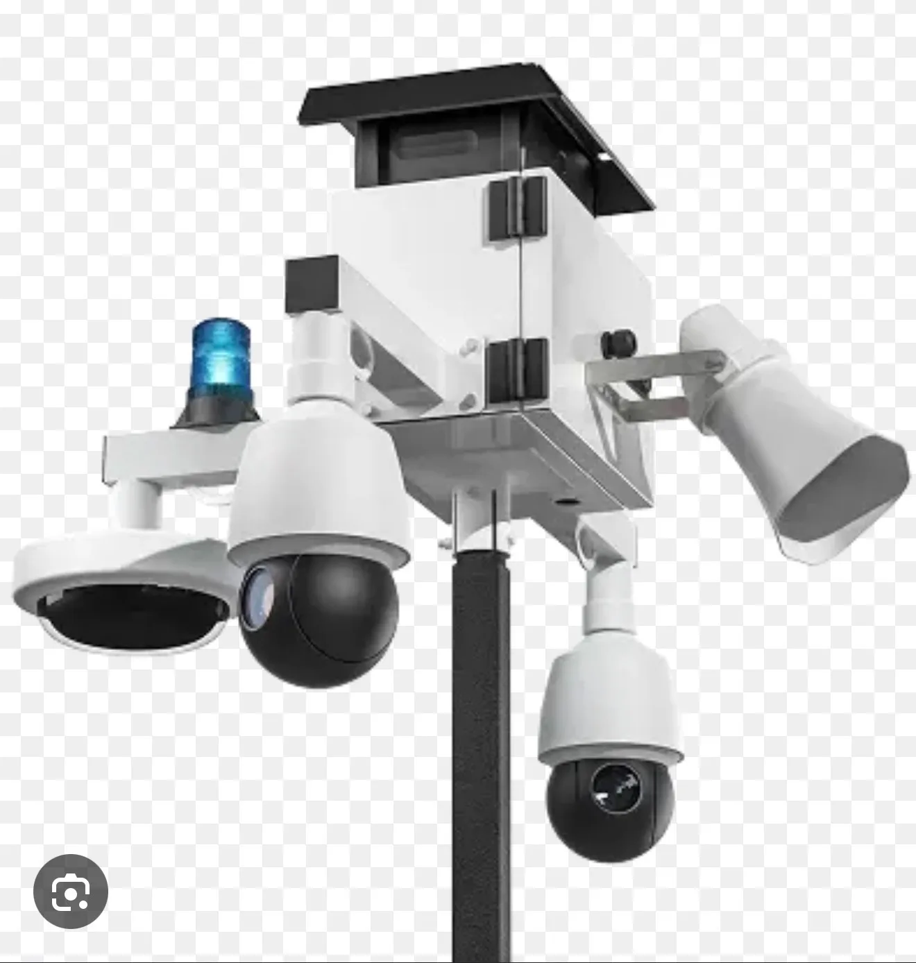 White surveillance unit mounted on a pole with two dome cameras and a blue strobe light