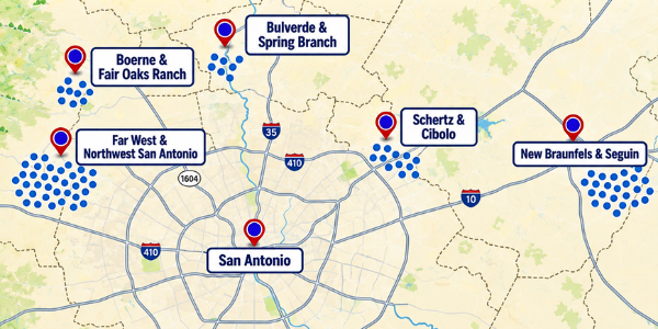 Map of new construction communities across San Antonio and the Texas Hill Country with blue community dots