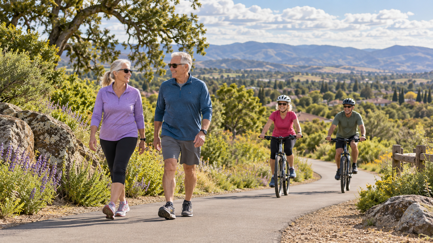 A paved recreation trail in Lincoln, California, near Sun City Lincoln Hills, where residents walk, bike, and enjoy the outdoors