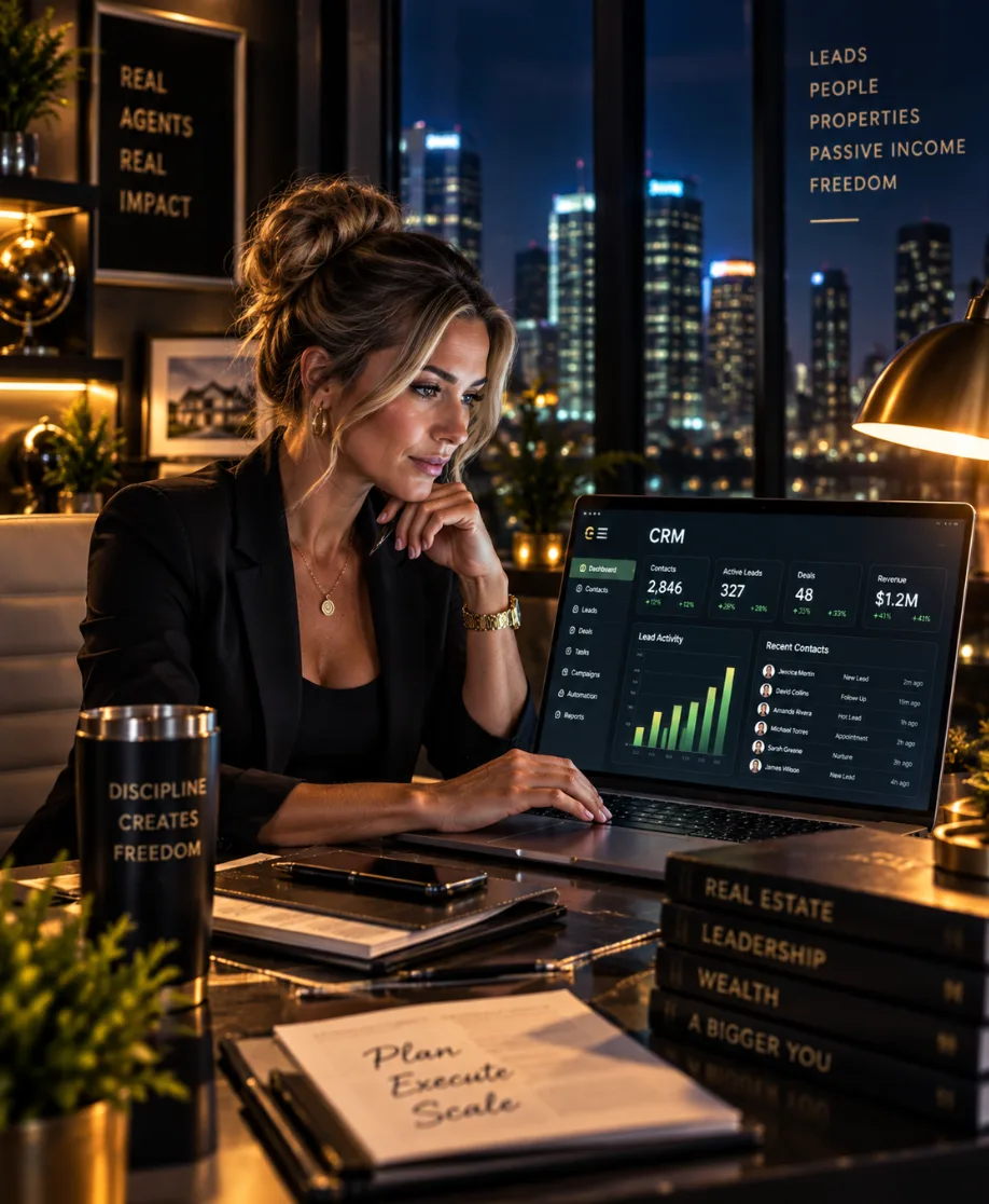 A woman at a desk working on a laptop at night, with a city skyline visible through the window behind her