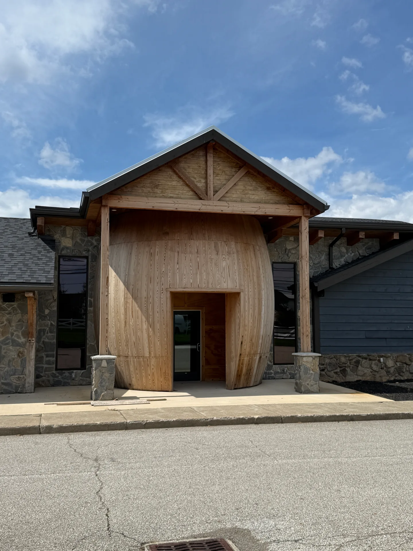 Social House entrance with barrel at Mapleside Farms in Brunswick, Ohio