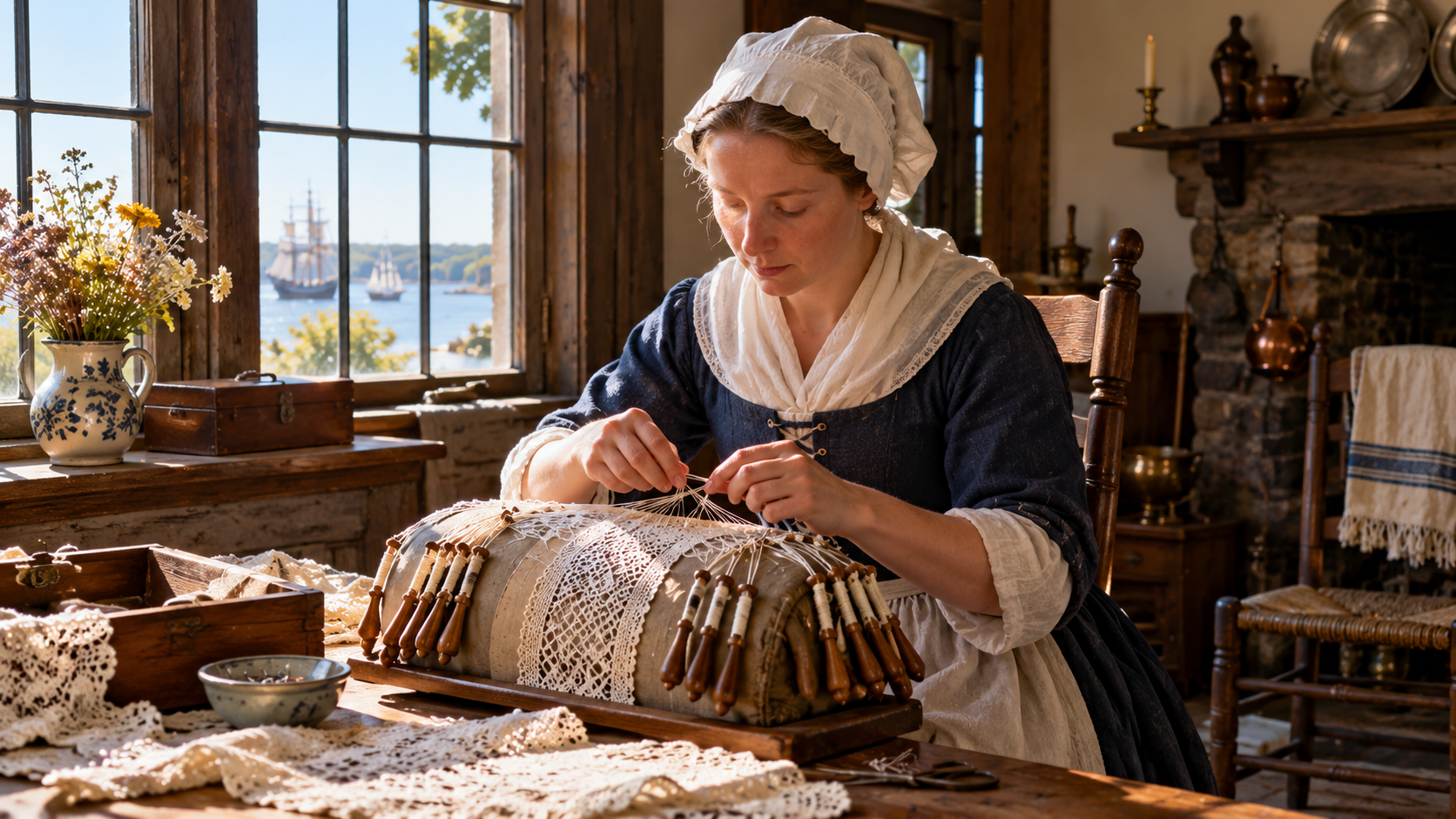 A sunlit colonial lace-making interior, with lace and bobbins set out by a window in warm daylight