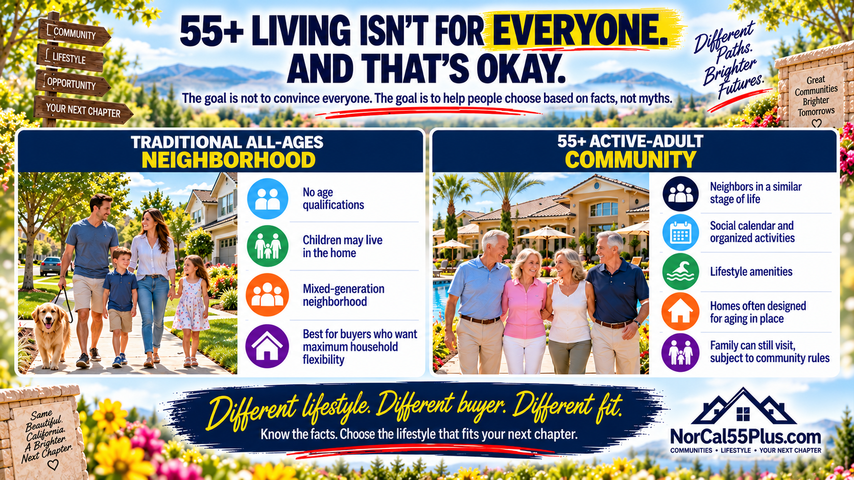 Video slide quote card introducing the family-visit myth: the claim that 55+ communities offer less flexibility for family visits