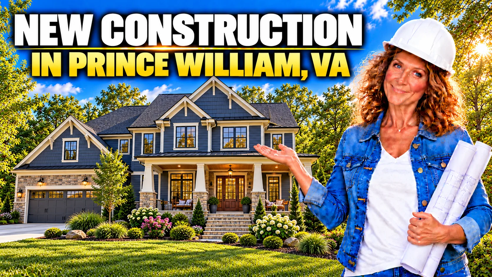 NEW CONSTRUCTION IN PRINCE WILLIAM, VA hero banner featuring Barbara Jennings in a hard hat holding blueprints in front of a new home at sunset