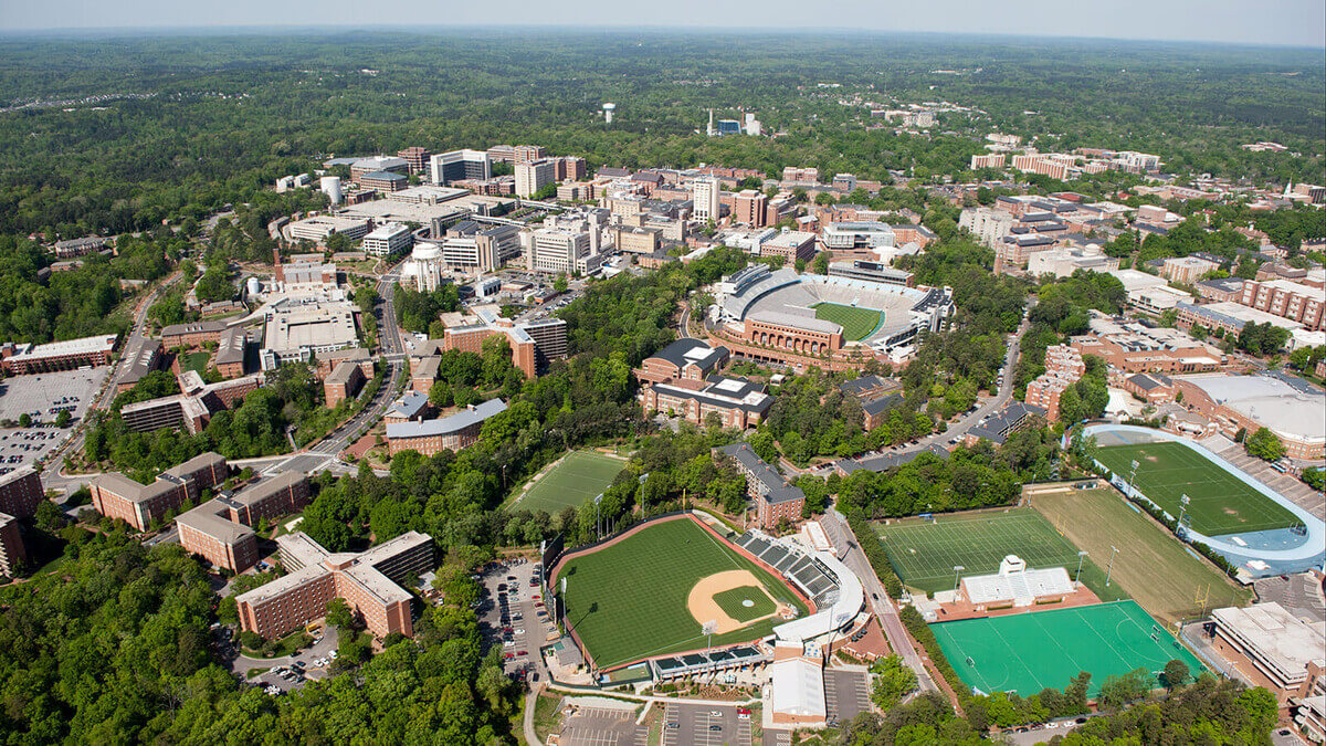 Aerial drone view of UNC Chapel Hill campus and academic buildings