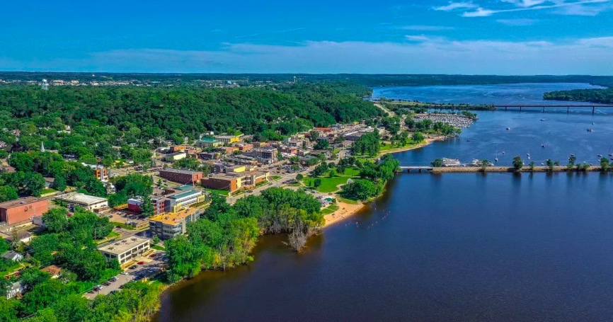 Aerial view of Hudson, Wisconsin waterfront and town along the St. Croix River