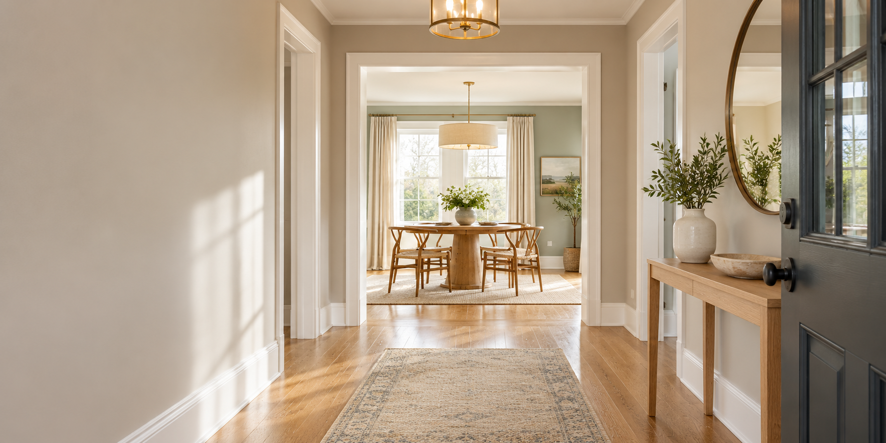 A bright hallway leading into a dining room with a console table, vase, mirror, runner rug, and a round dining table with a pendant light, hero image for the paint article