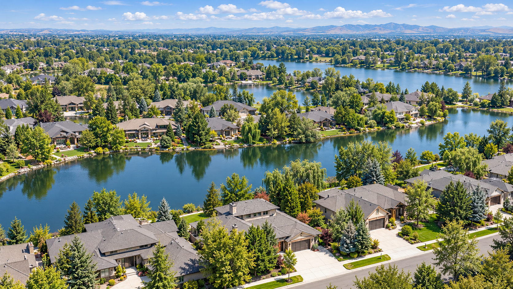 Aerial view of Lakemoor in Eagle, Idaho, showing homes, ponds, and water features