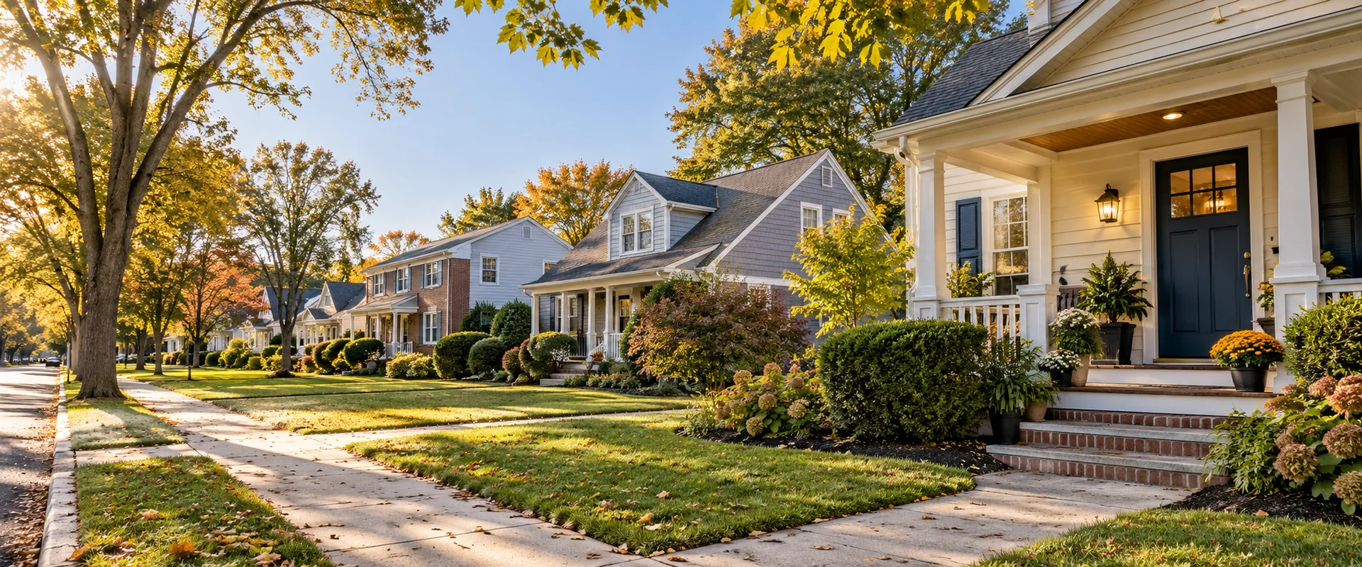 A peaceful, tree-lined suburban street in autumn with a row of well-maintained homes with front porches, golden sunlight filtering through green and orange-tinged trees, and a sidewalk leading down the neighborhood.