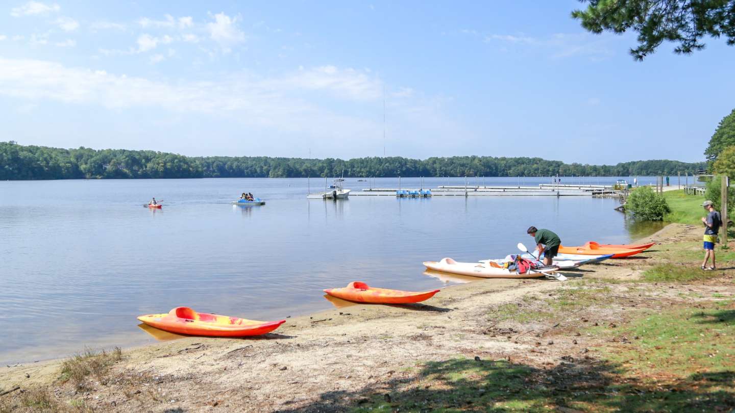 Lake Wheeler Park - canoes and kayaks on the water at Raleigh's southern waterfront park