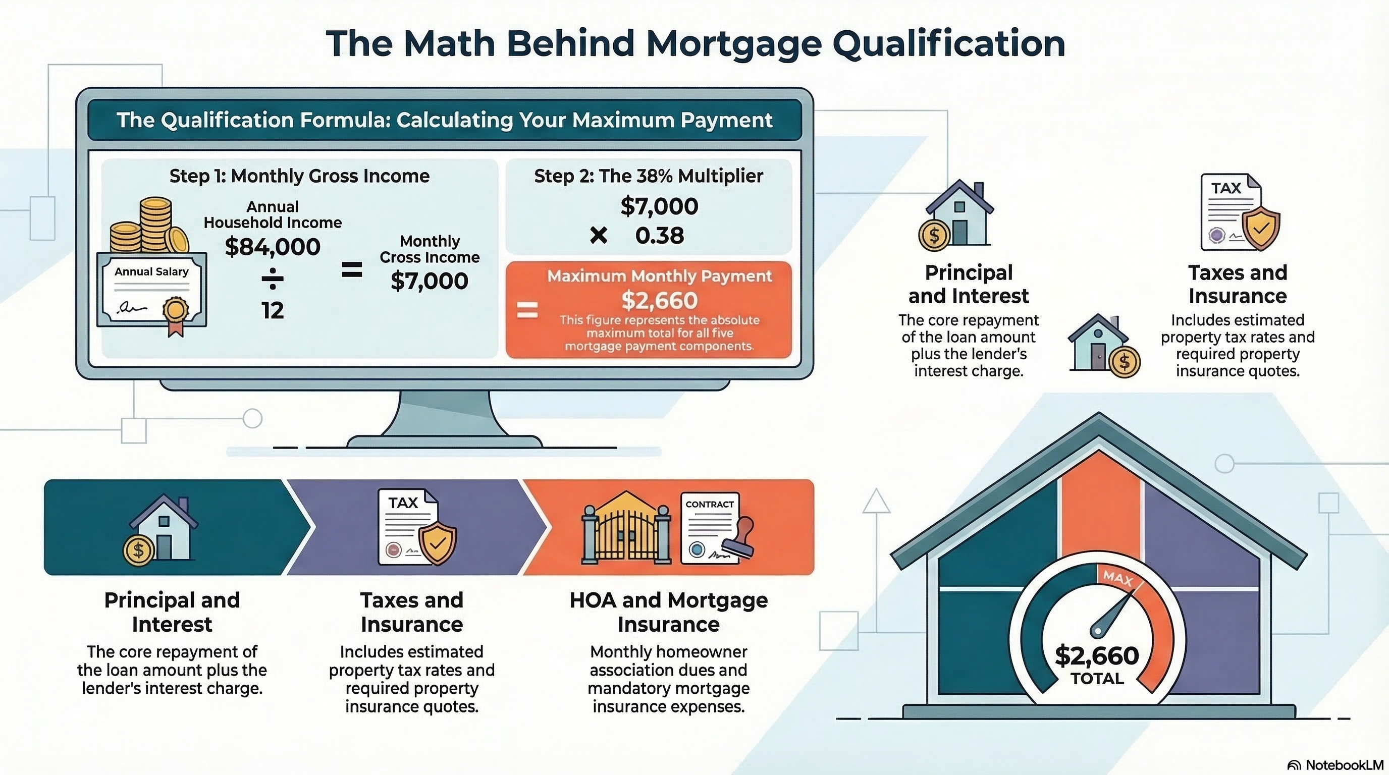 How lenders qualify you: income, debts, and the math behind your true monthly payment, educational graphic