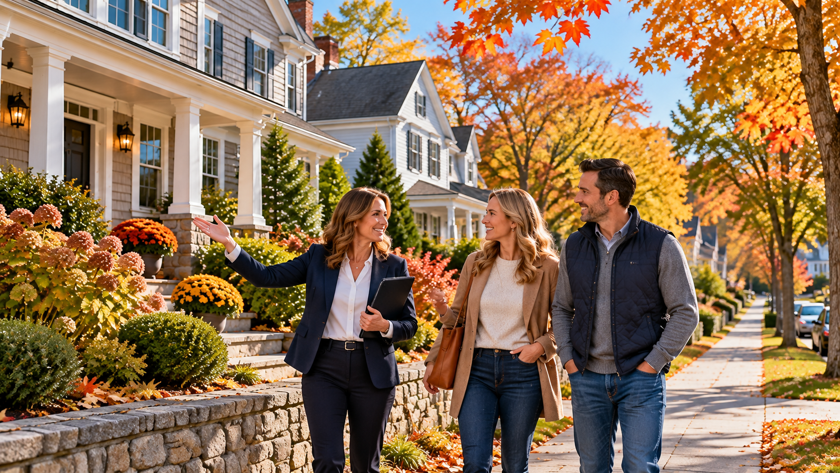 Autumn home tour graphic showing happy buyers in front of a North Shore home
