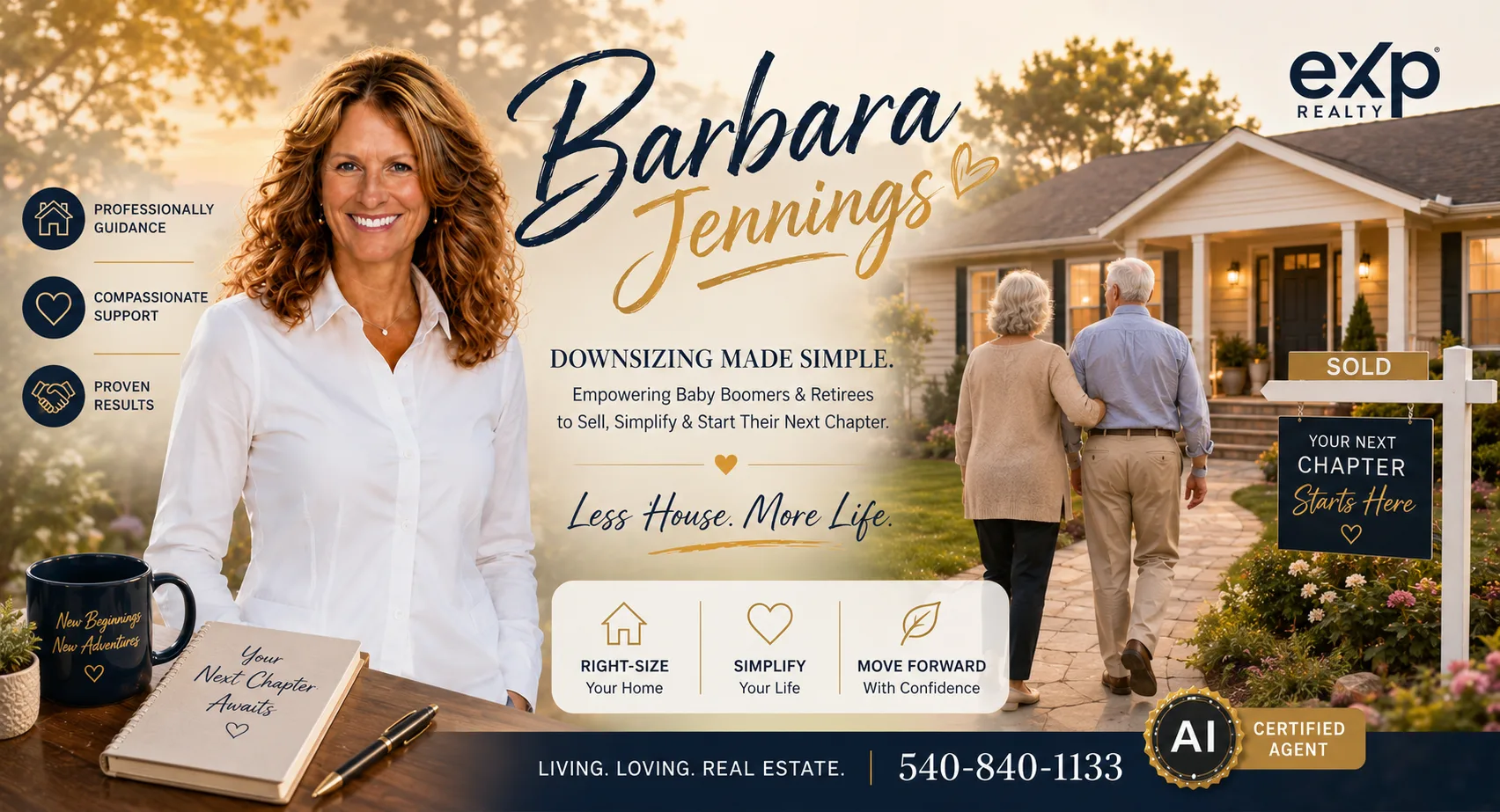 Barbara Jennings holding a camera, framed by luxury home photos and a sunset river landscape, showcasing her real estate marketing expertise