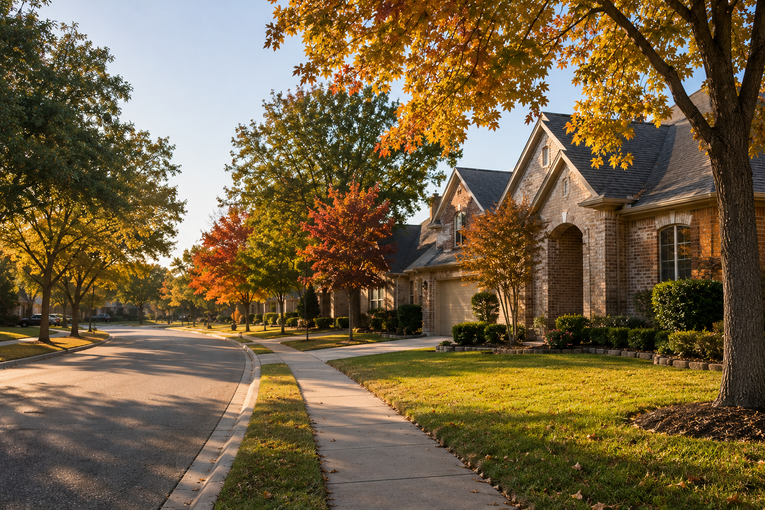 A quiet suburban street in Northeast Houston during early autumn with a brick home and For Sale sign under warm golden-hour light