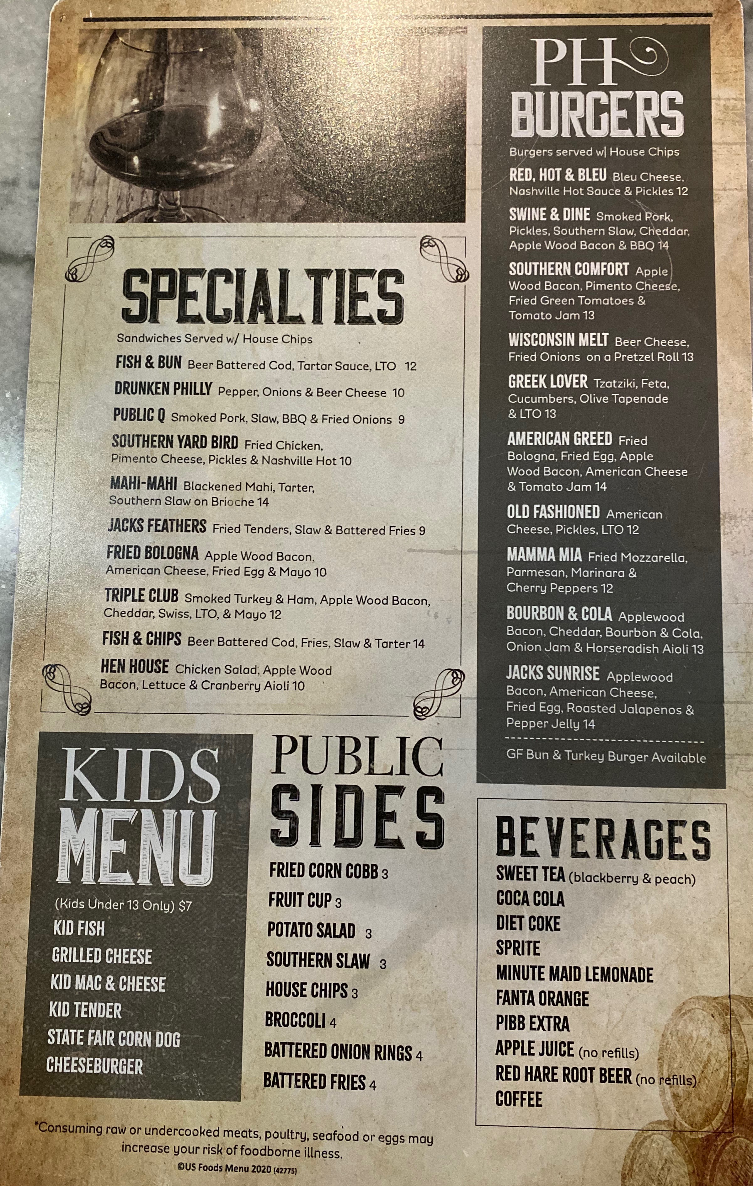 PH Burgers specialties and public sides at Jack's Public House in Braselton Georgia