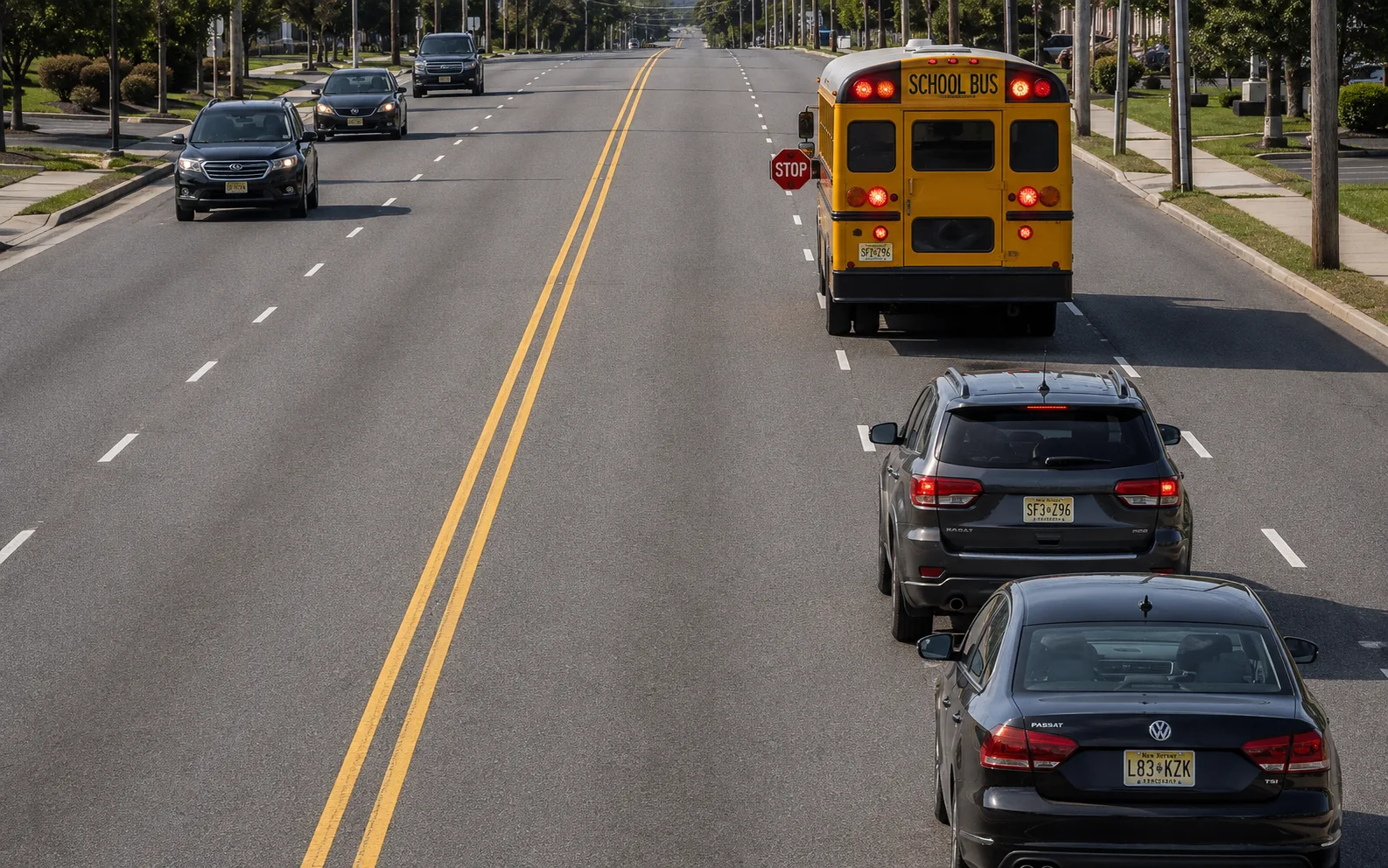 A yellow school bus parked on a South Jersey street at the start of the back-to-school season