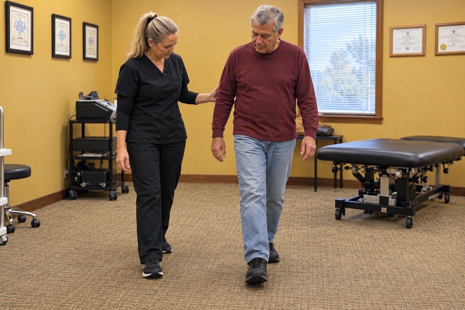 Clinician assisting an older man during a walking and balance assessment