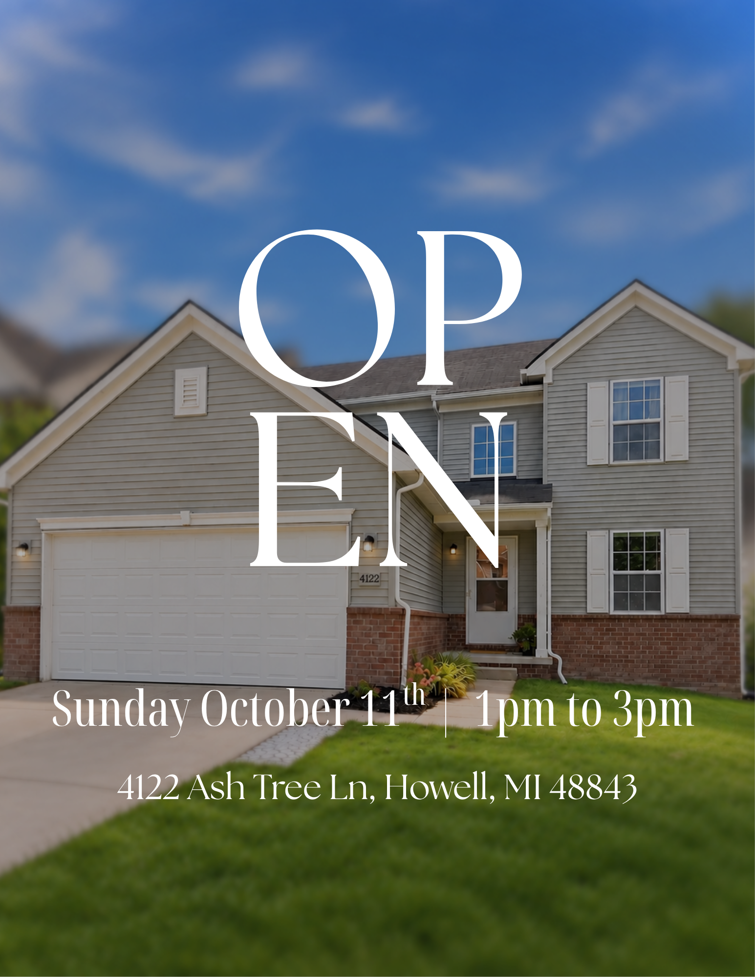 4122 Ash Tree Lane, Howell, MI, a two-story house with light grey siding and a brick base