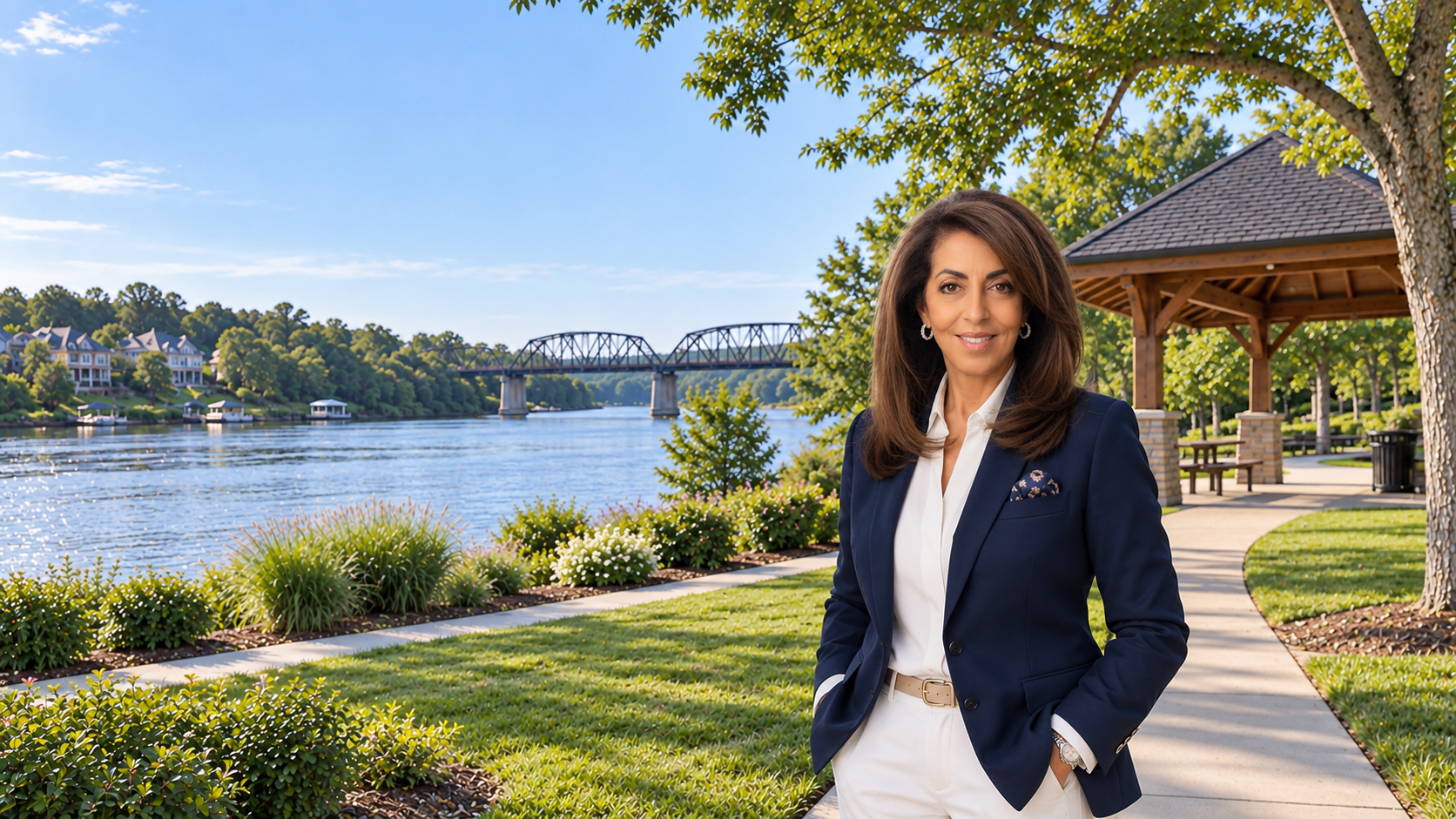 Linda Limehouse on the North Augusta riverfront with the Savannah River, bridge and wooden pavilion behind her