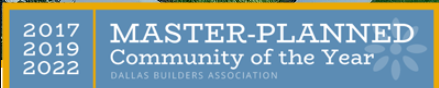 Dallas Builders Association Master-Planned Community of the Year award badge, recognized in 2017, 2019, and 2022