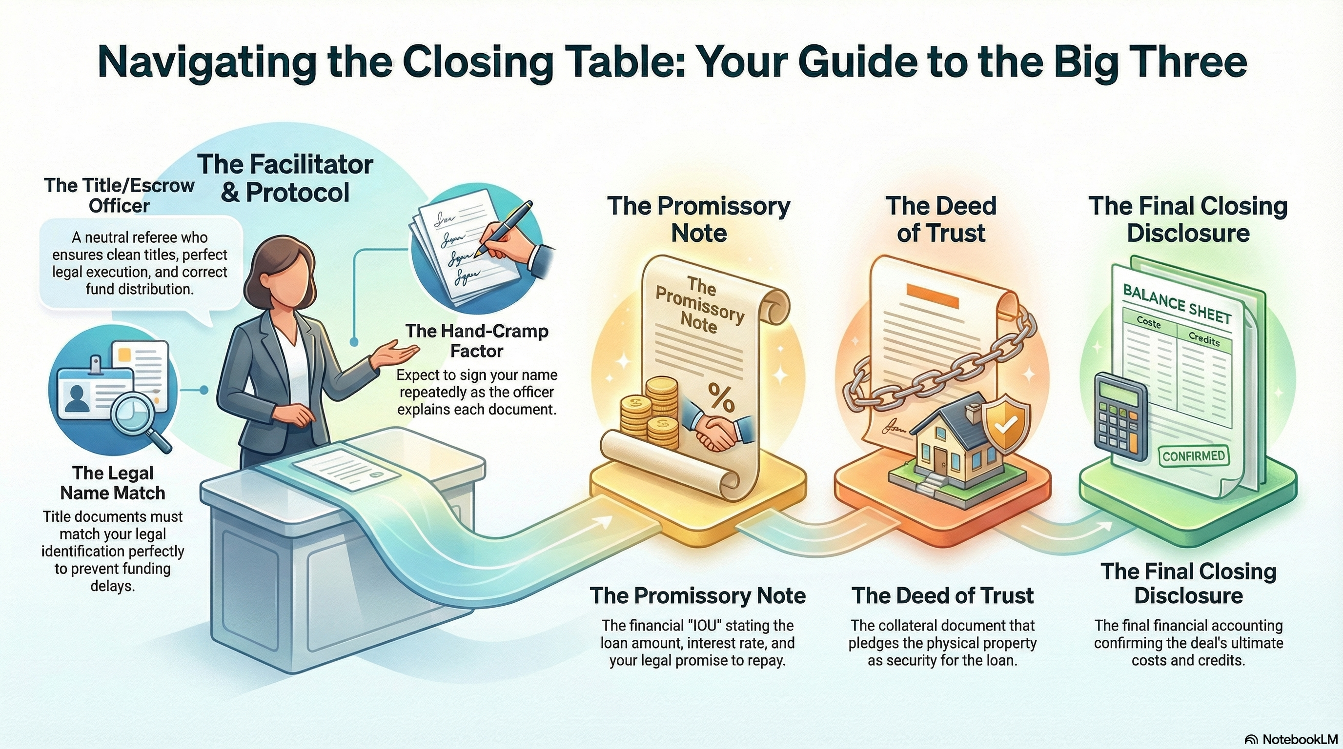 The big three closing documents: the Closing Disclosure, the deed, and the note.
