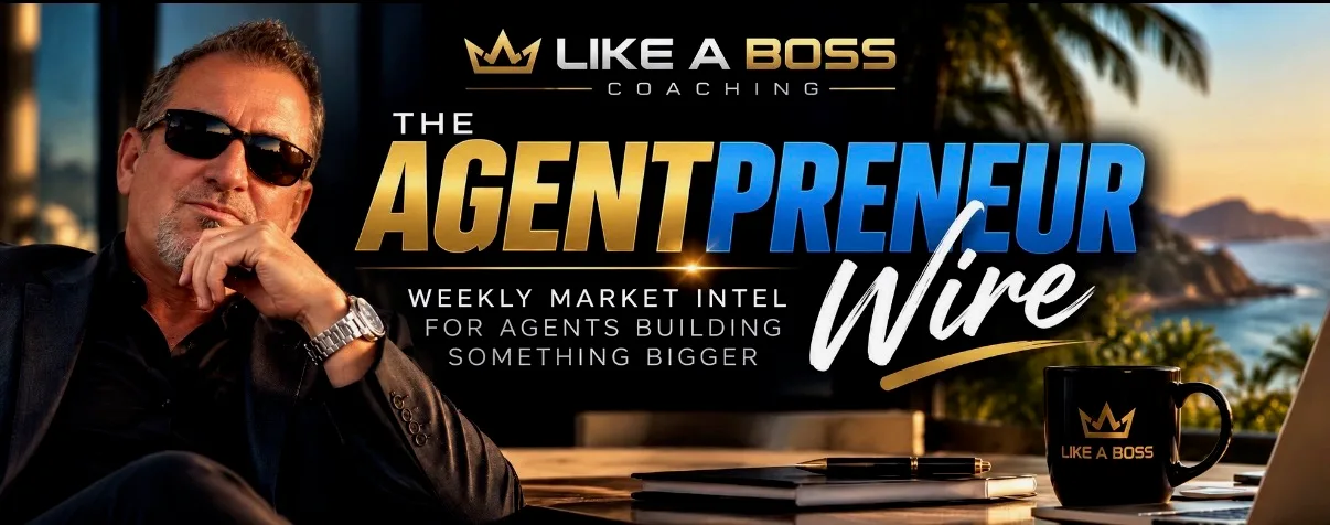 The AgentPreneur Wire banner: Coach Randy Byrd in a suit and sunglasses with a LIKE A BOSS mug against a sunset backdrop
