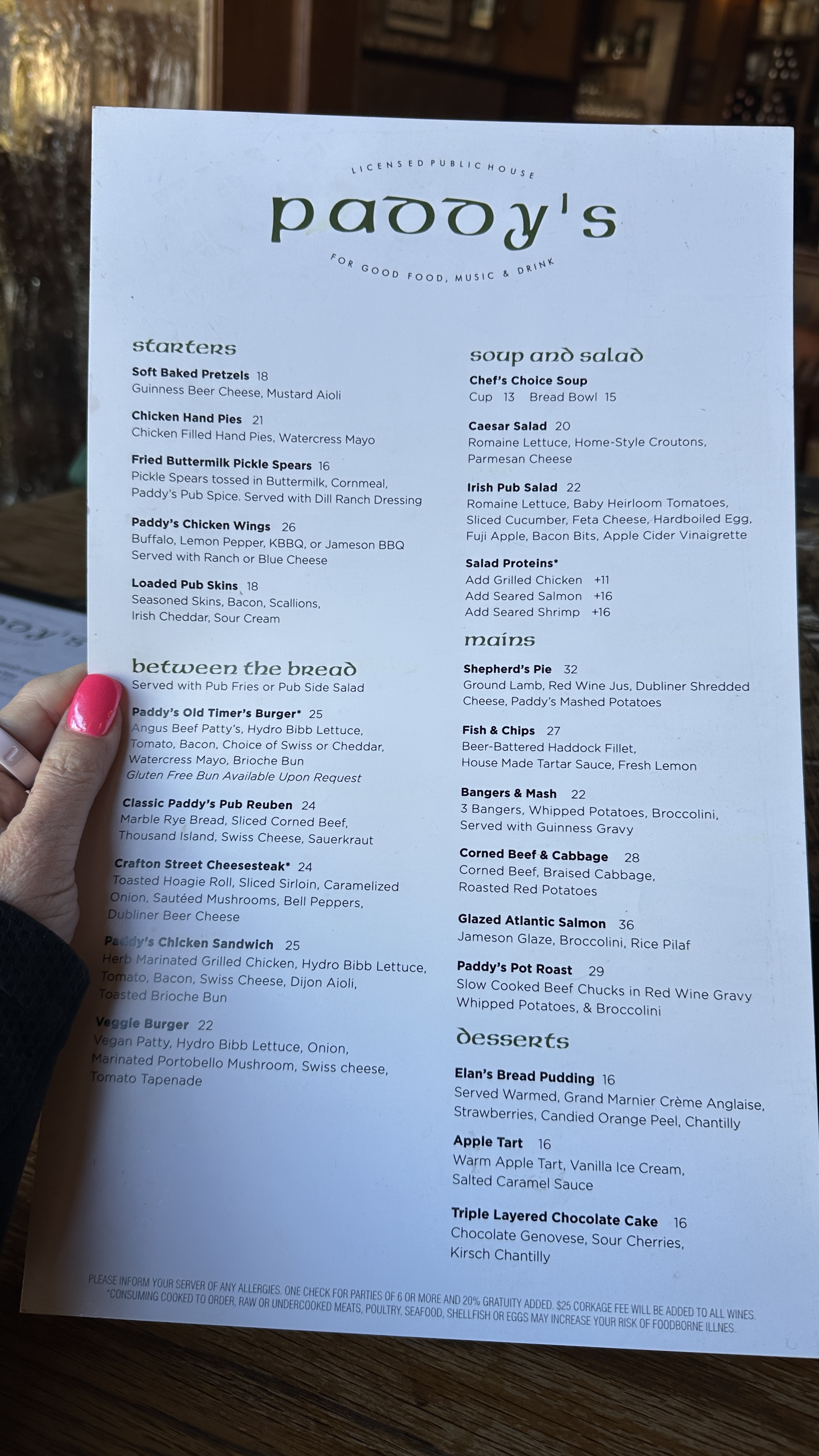 Paddy's Irish Pub menu at the Château Élan resort restaurant in Braselton Georgia