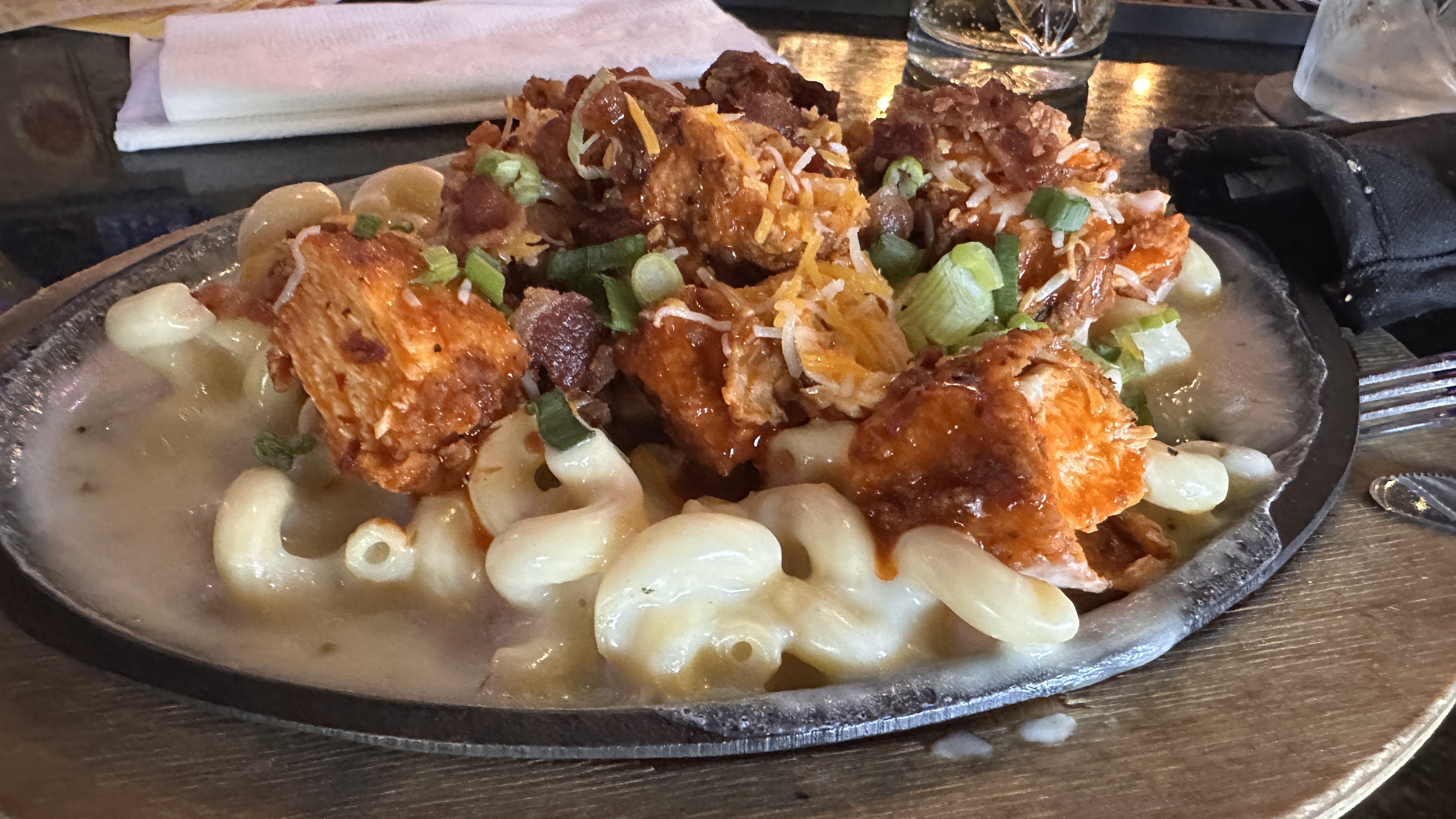 Buffalo Chicken Skillet with Mac and Cheese at Old Fountain Tavern in Dacula Georgia, Lisa's go-to order