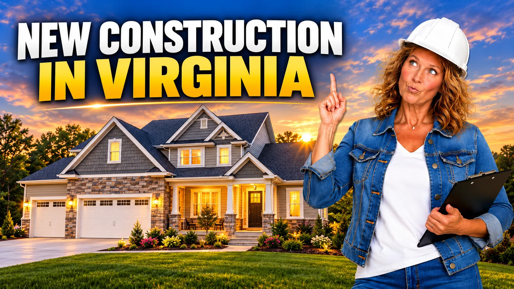 New Construction in Virginia: Barbara Jennings in a white hard hat and denim jacket at a new construction home site