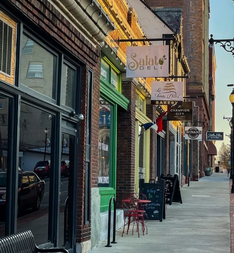 Downtown Springfield historic street with shopfronts, delis and bakeries