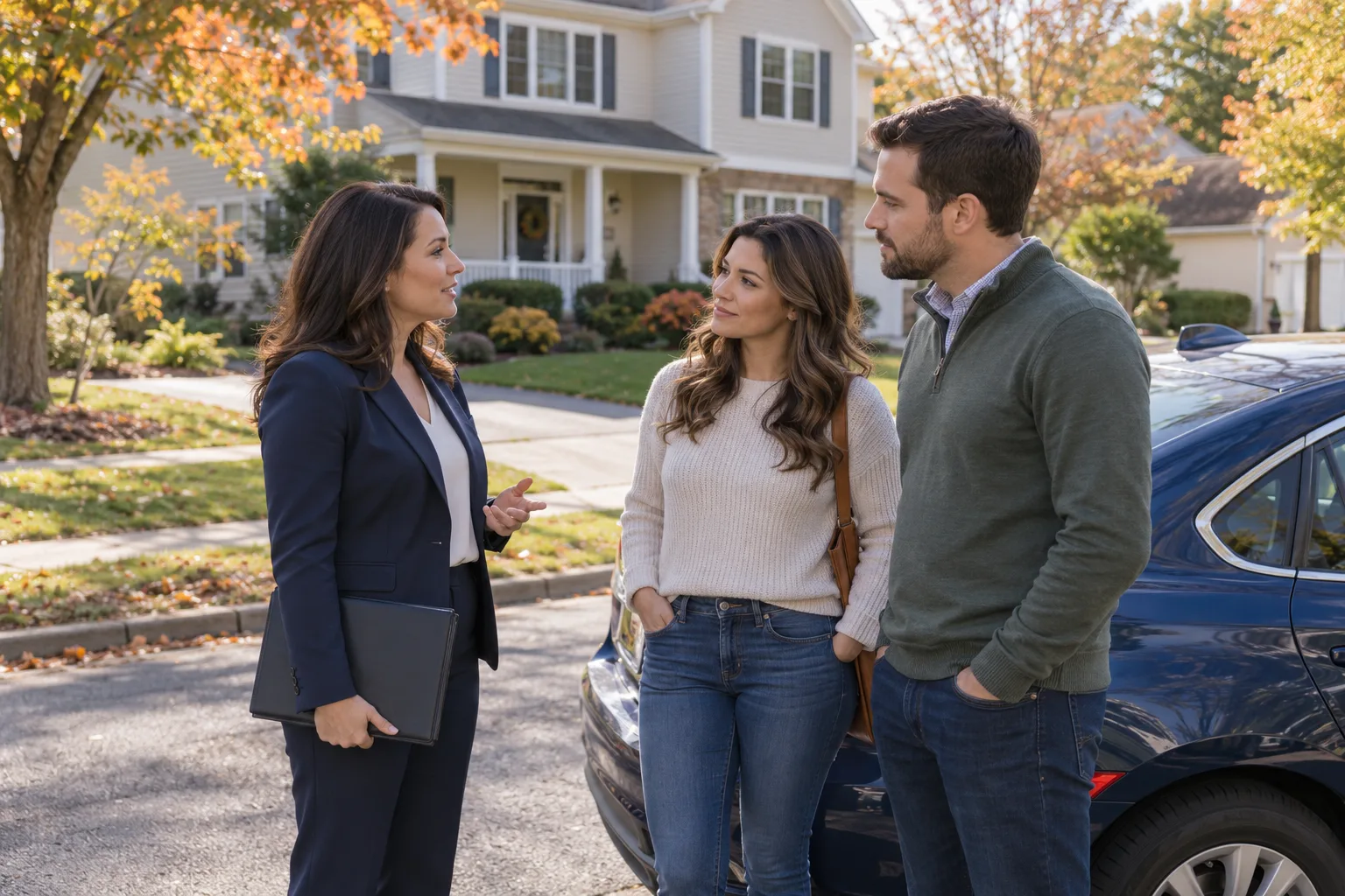 Real estate agent talking with a couple outside a suburban home, blog card image for the showing-feedback article.