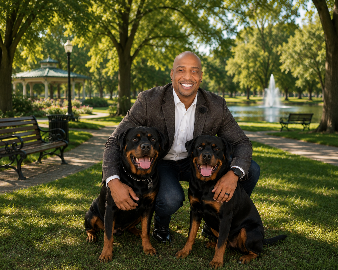 Rob Cole with his two Rottweilers in a Fullerton park with a lake and fountain in the background
