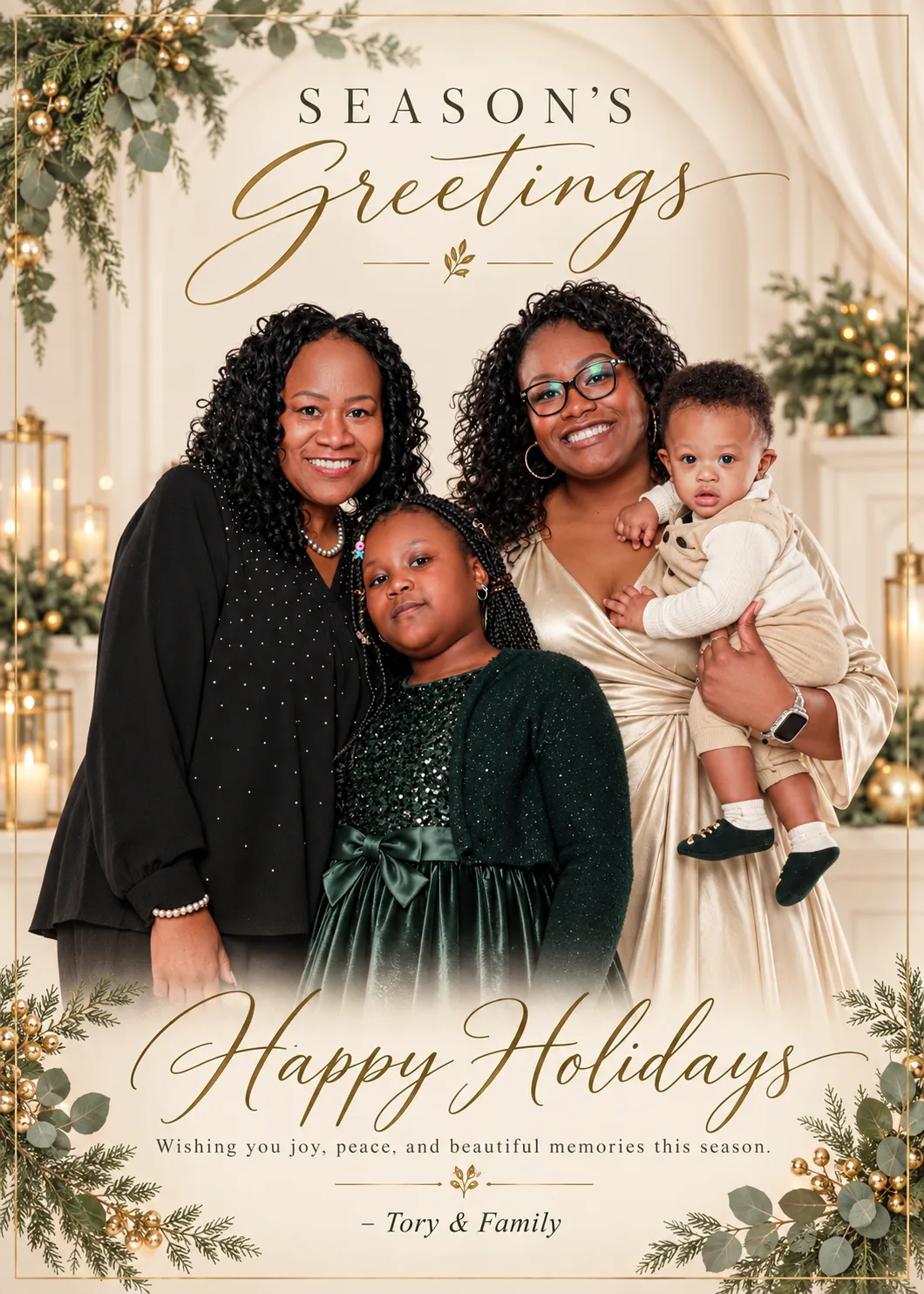 Elegant Holidays Champagne and Green holiday card design