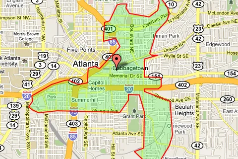 A city map of the 30312 Atlanta area with a red boundary line around Cabbagetown, Inman Park, Summerhill, Grant Park, Beulah Heights, and Ormewood Park, and a red map pin near Cabbagetown