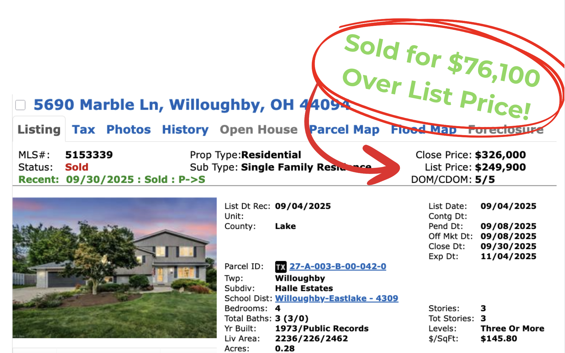 MLS sold record showing above-list-price sale on Marble Lane