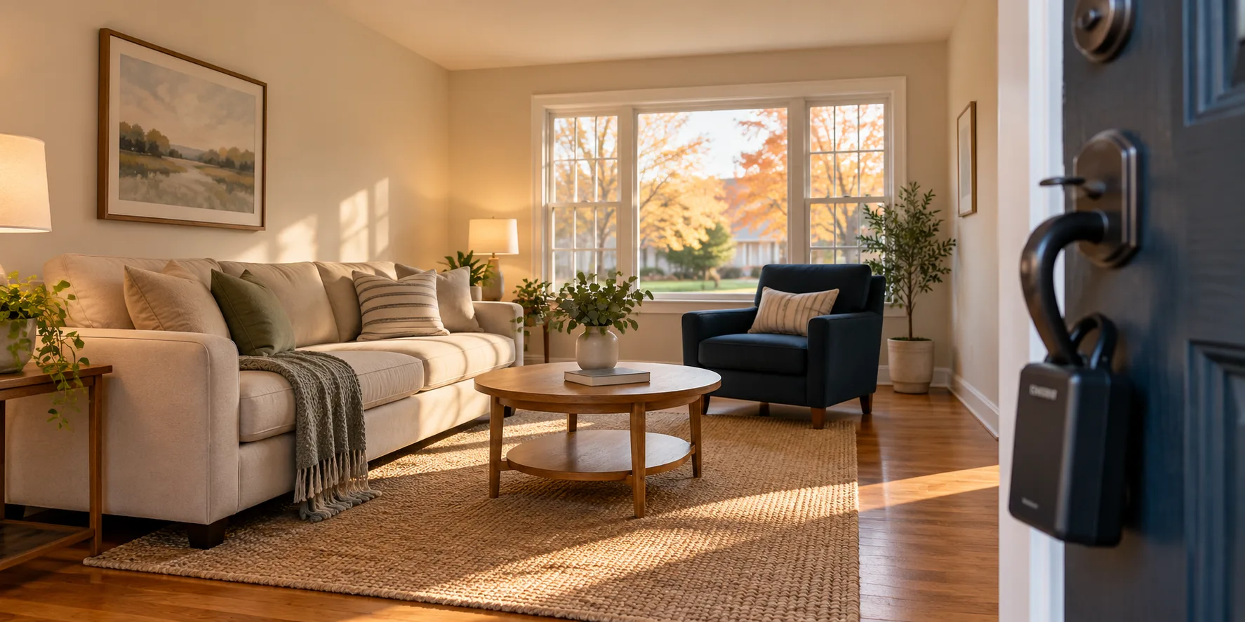 Bright staged living room seen from the doorway with a lockbox on the door handle, hero image for the showing-feedback article.
