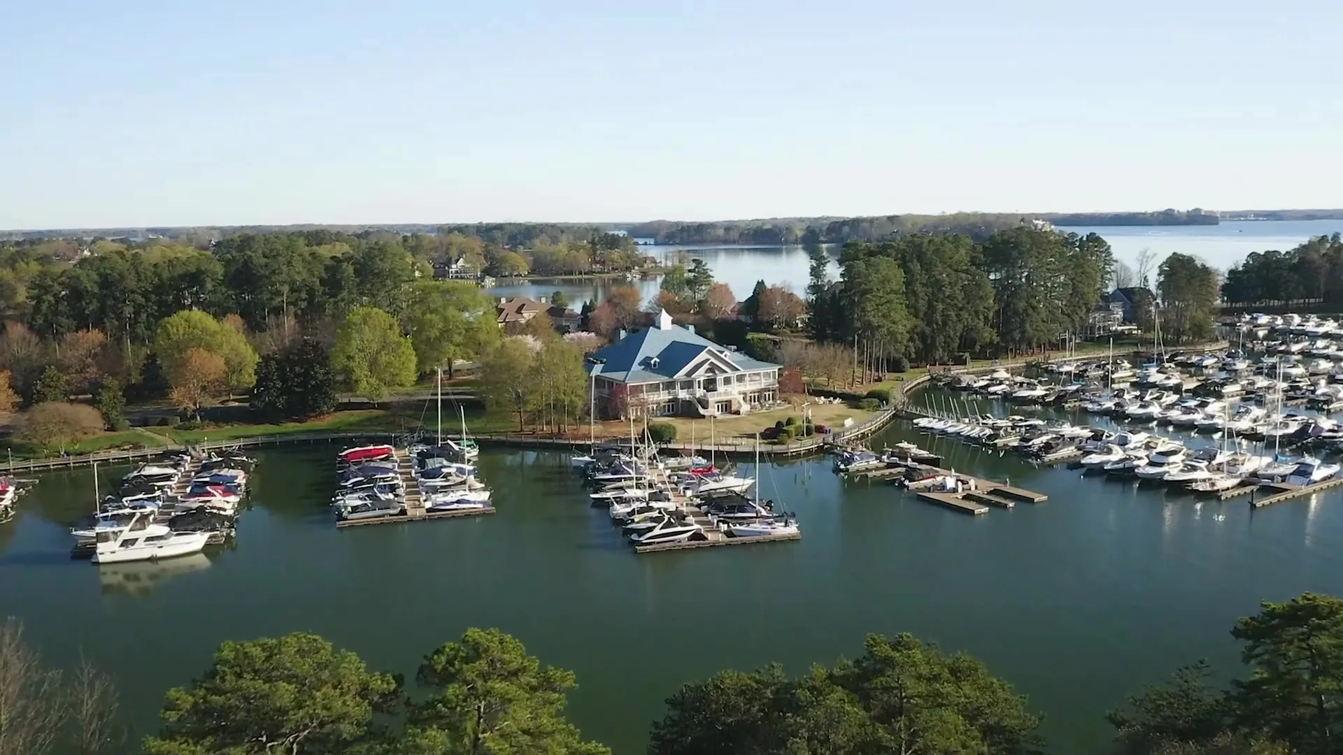 Aerial view of Cornelius NC waterfront community on Lake Norman with boats and marinas
