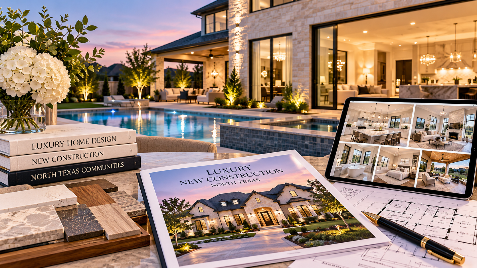 A twilight luxury home exterior with warm interior lights in North Texas