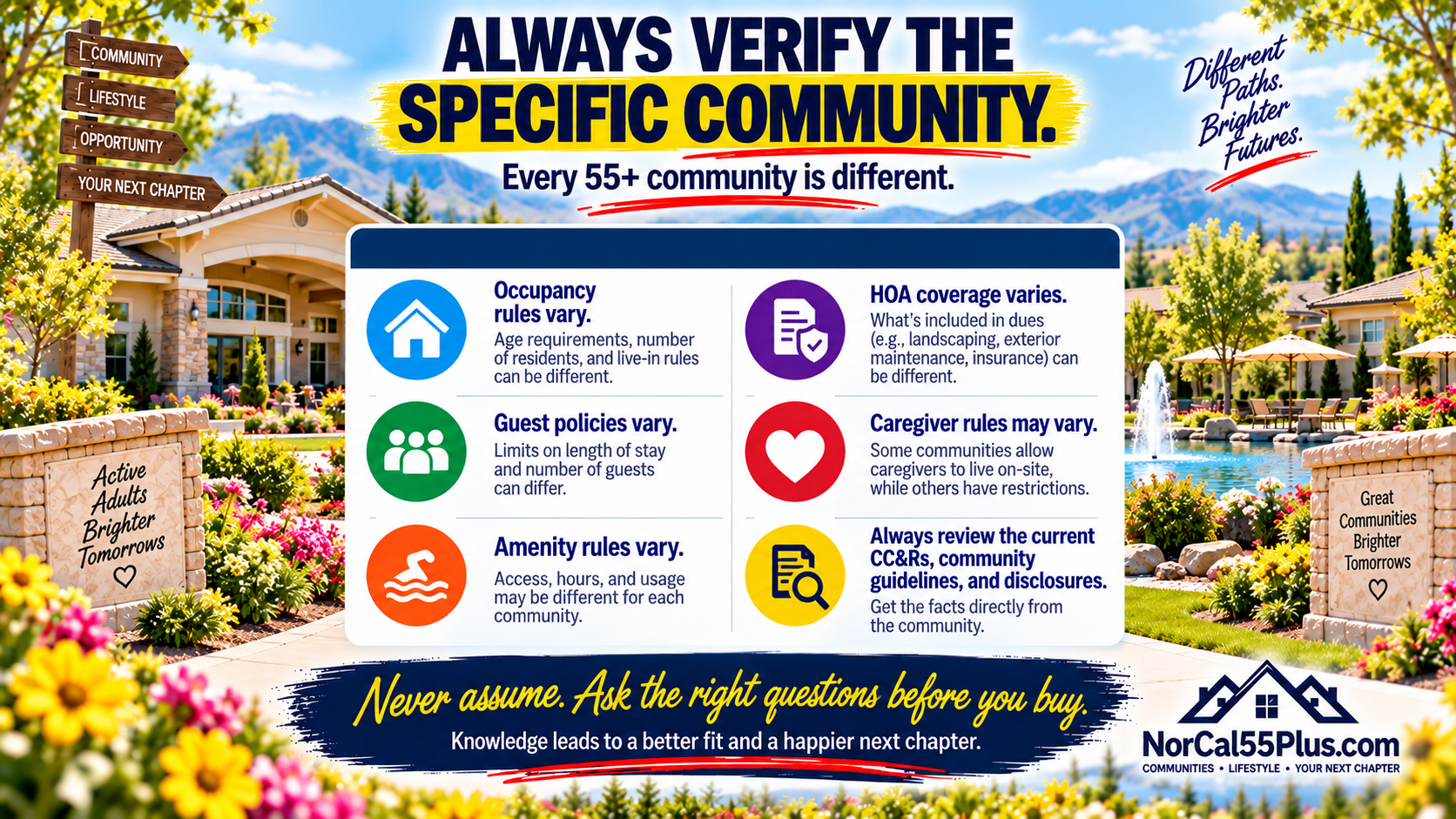 Video slide noting that even experienced real estate professionals can misunderstand 55+ community rules and lifestyle, and why this debunk video exists