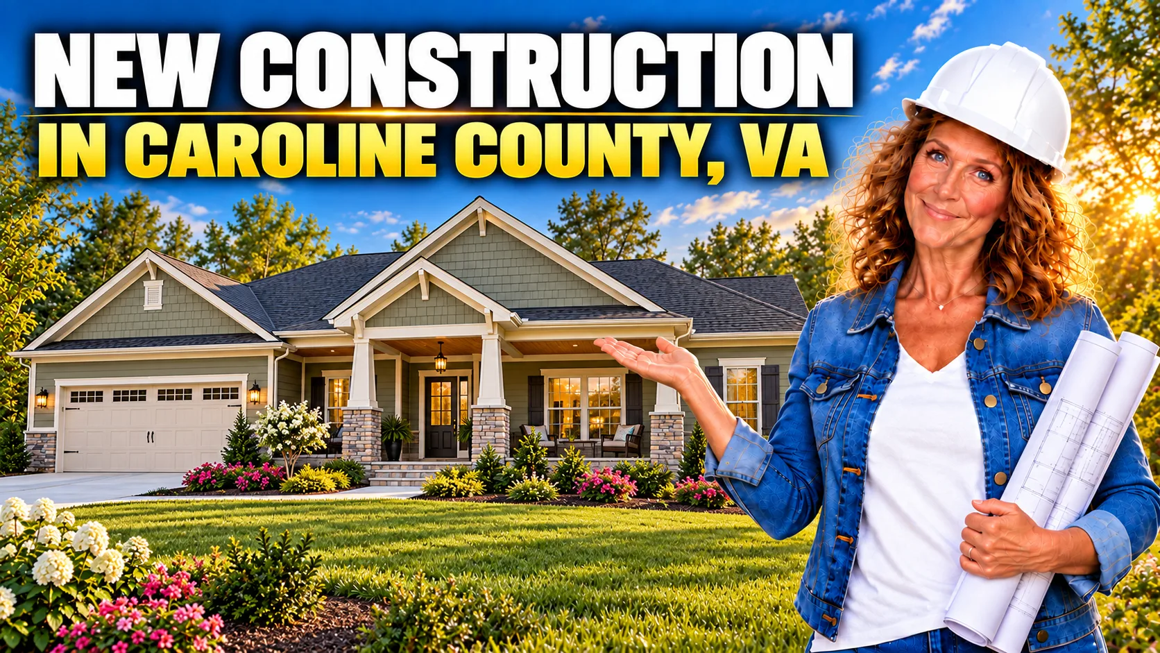 NEW CONSTRUCTION IN CAROLINE COUNTY, VA hero banner featuring Barbara Jennings in a hard hat holding blueprints in front of a new home at sunset